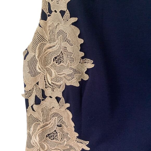 FIFTH & PARK Dress SZ 12 Navy & Beige Gold Floral Lace Sheath Dressy Cocktail - Picture 5 of 12